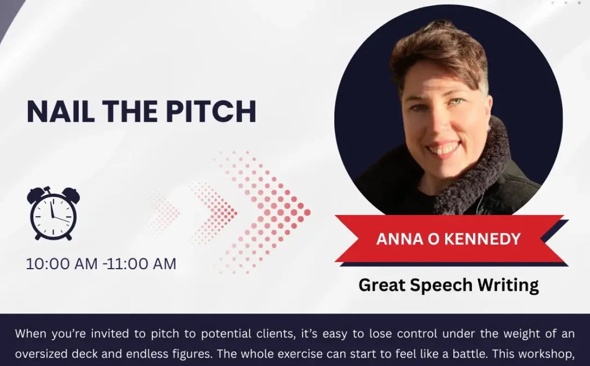 When you’re invited to pitch to potential clients, it’s easy to lose control under the weight of an oversized deck and endless figures. The whole exercise can start to feel like a battle. This workshop, facilitated by Anna O’Kennedy who is a public speaking coach, shows you how to deliver a pitch with real poise, ensuring the content is tailored to your audience’s needs (including some ideas on that all important pitch deck) and presenting it with clarity, authority and confidence.